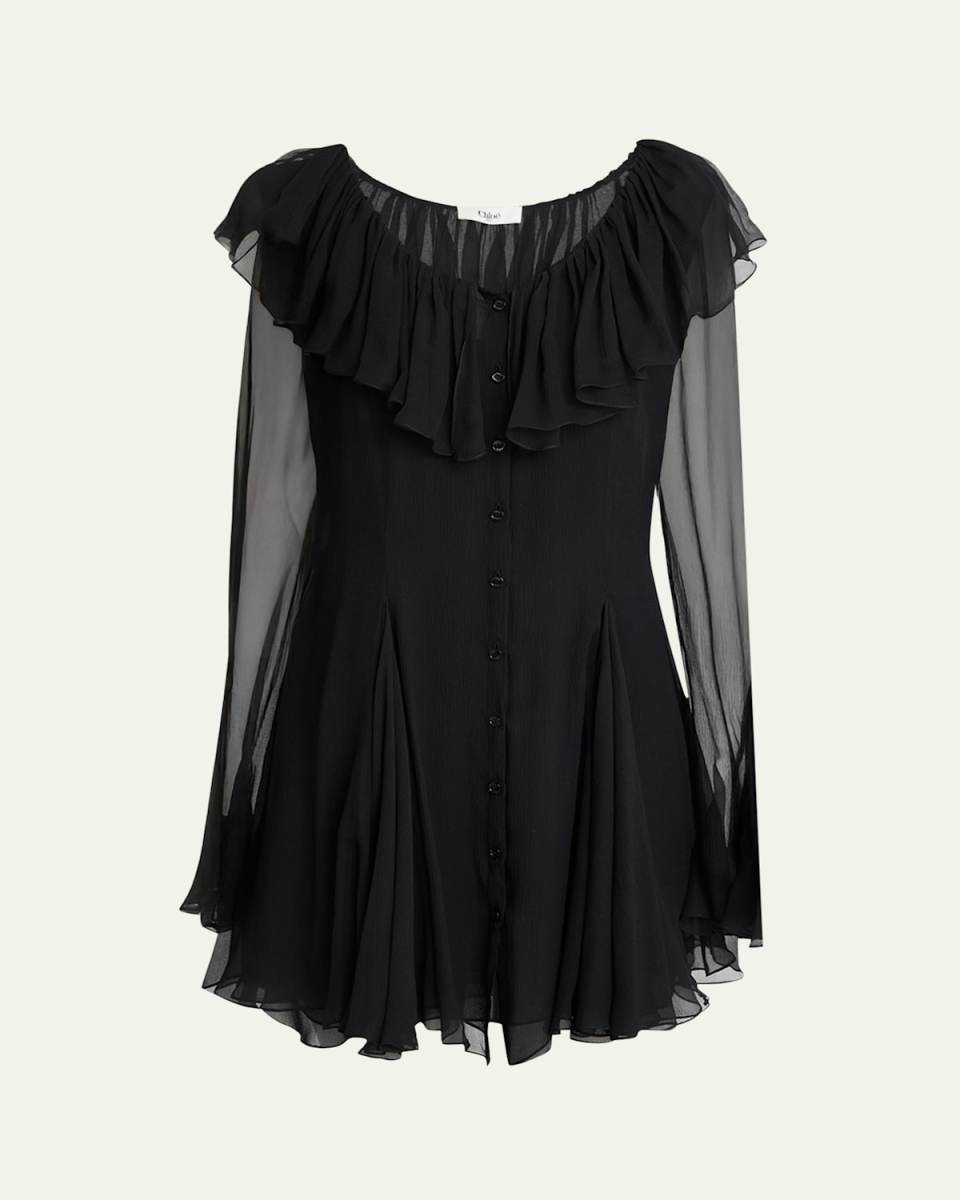Ruffle Long-Sleeve Silk Mousseline Mini Dress